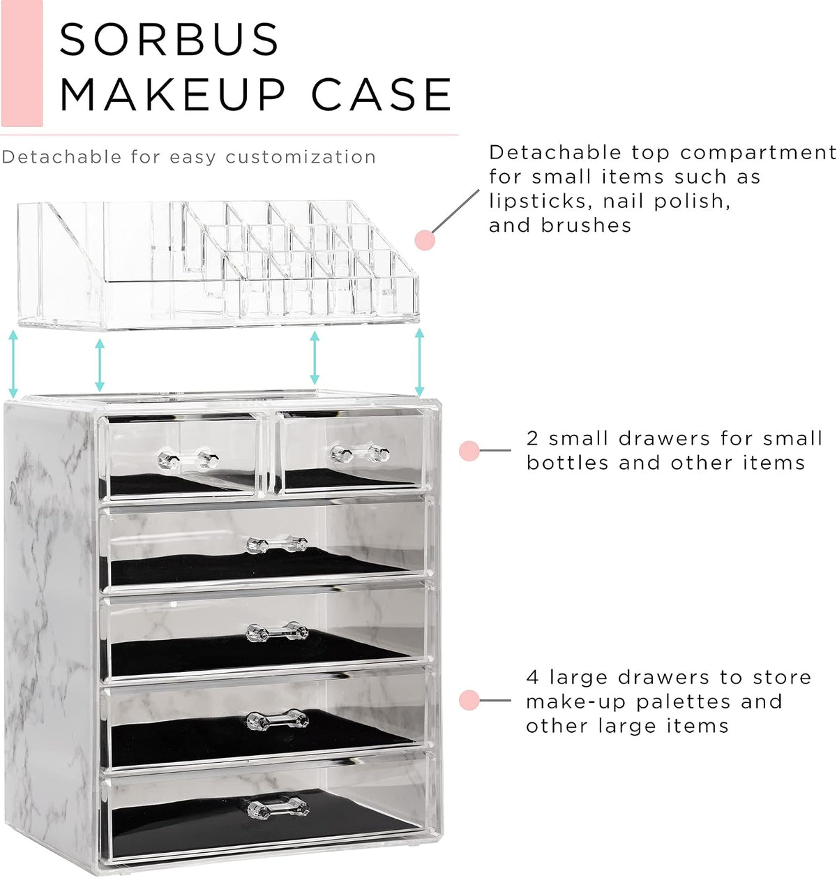 Sorbus Makeup Organizer, 6-Drawer Acrylic 2-Piece Set (Marble Print)