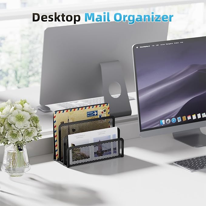 Marbrasse Mail Organizer for Desk, 3-Slot Mesh Metal Mail Holder countertop - Image 4