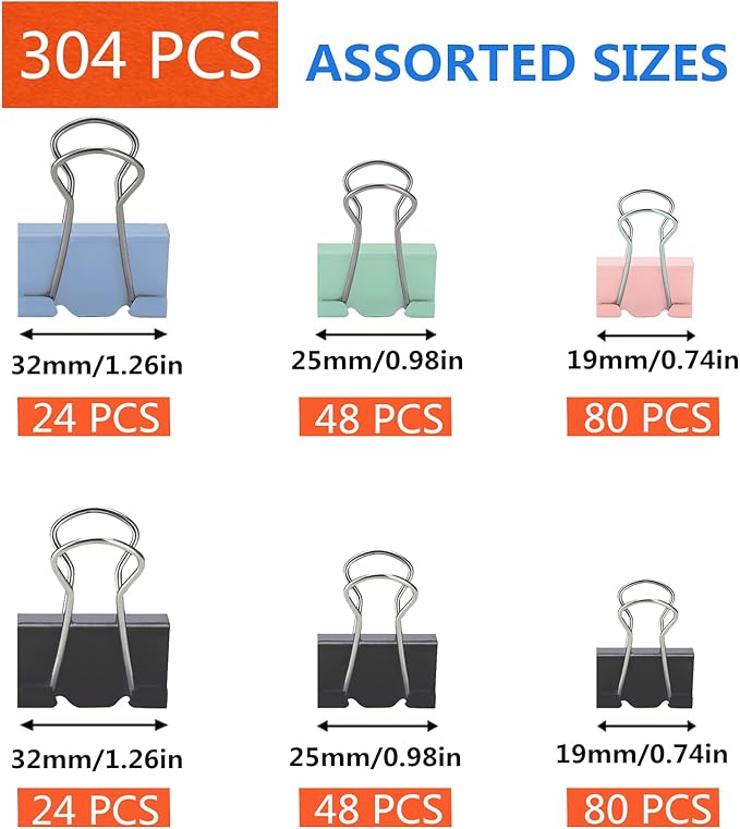 304 PCS Assorted Sizes Binder Clips Paper Clamps Including Large, Small Colored - Image 2