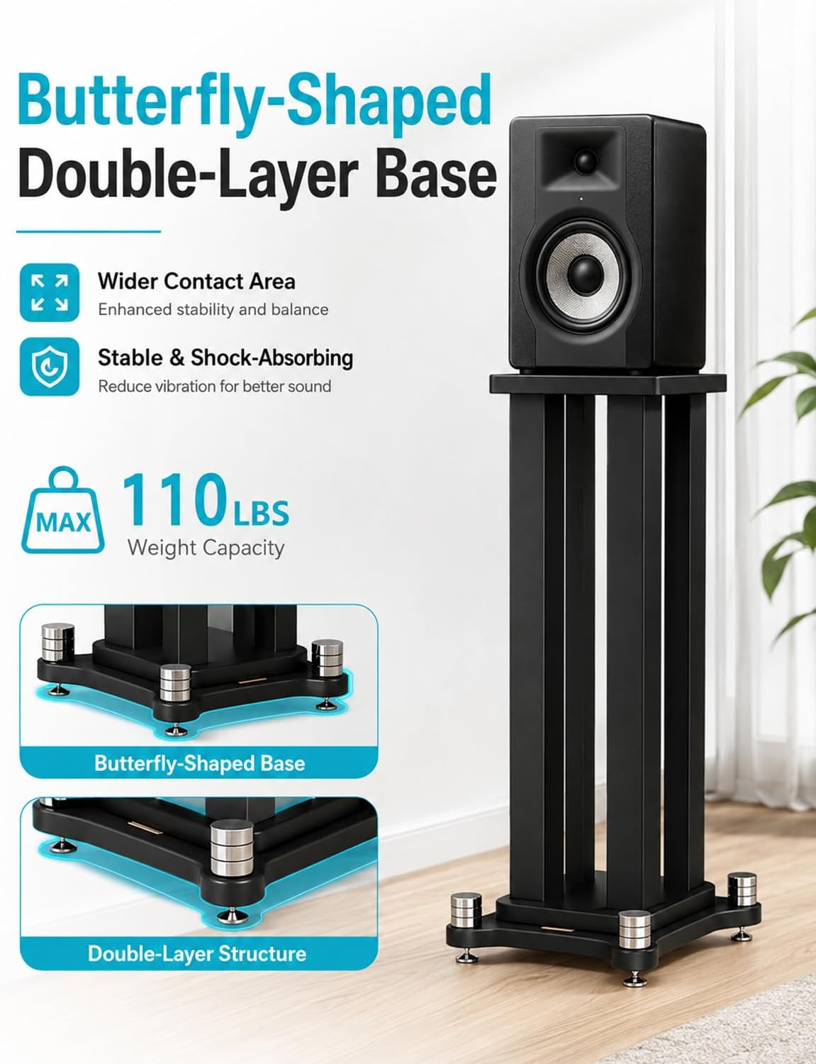 19.6" Bookshelf Speaker Stands Pair, 110 lb Capacity, for Studio Monitors