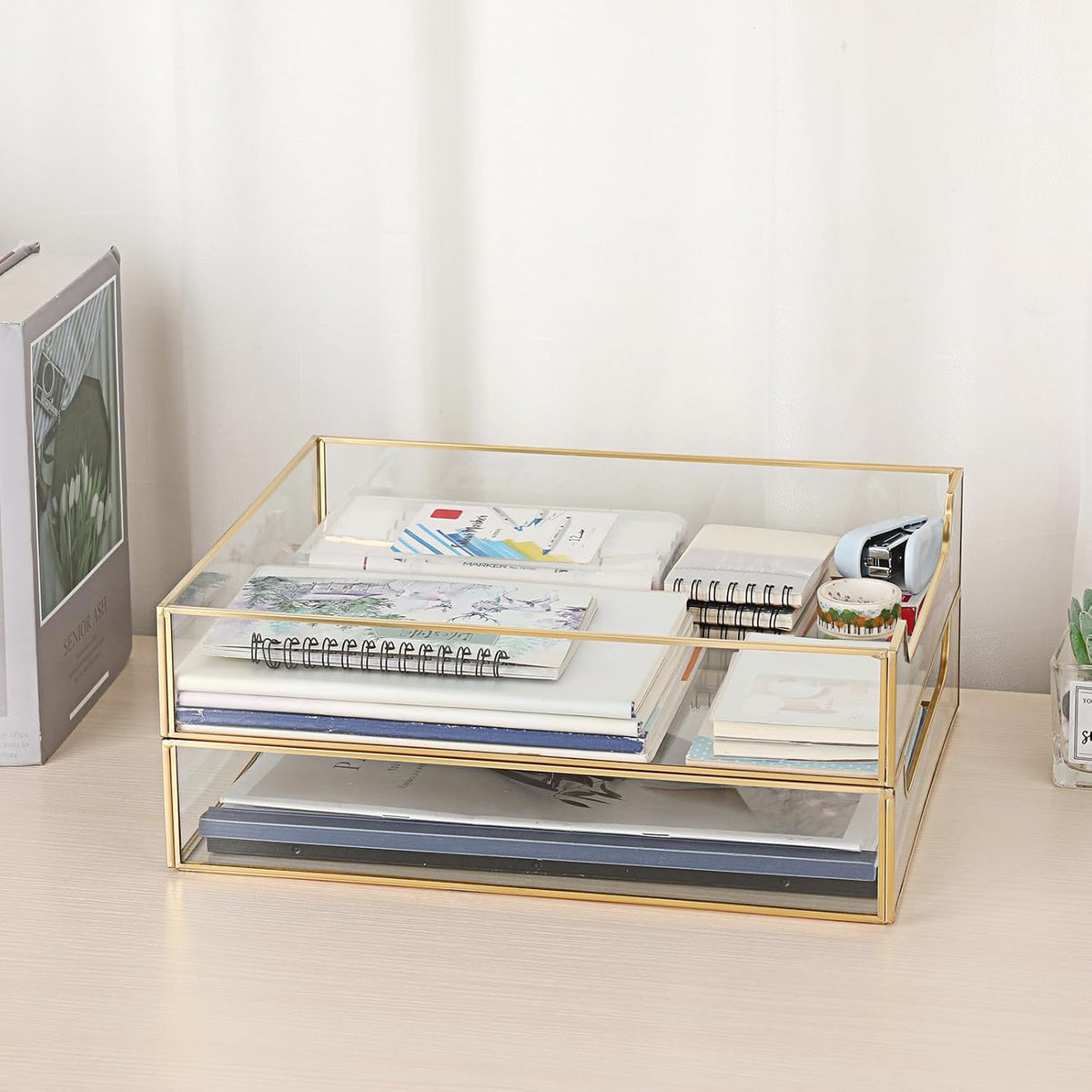 BTSKY 2 Pack Golden Glass Desk Tray, Multi-Purpose Organizer for A4 Paper, Do...