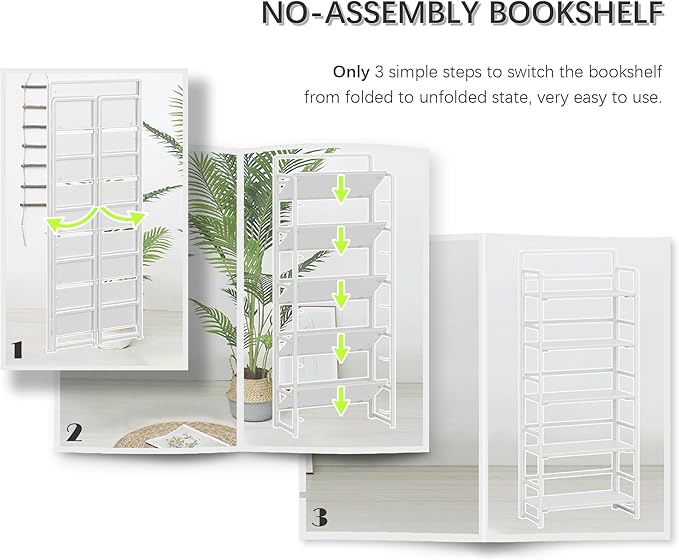 4NM No Assembly 5 Tiers Folding Bookshelf Storage Shelves Vintage Bookcase - Image 6