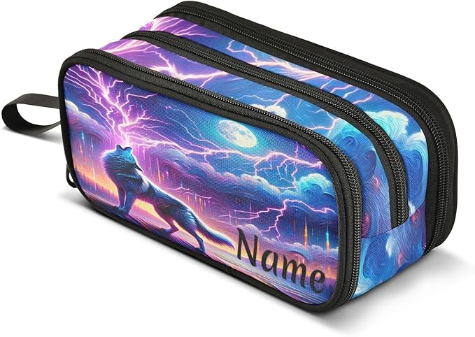 BOENLE Custom Wolf Howling Moon Lightning Pencil Case Box Boys Girls by BOENLE-WELCOMEYOURCOMING
