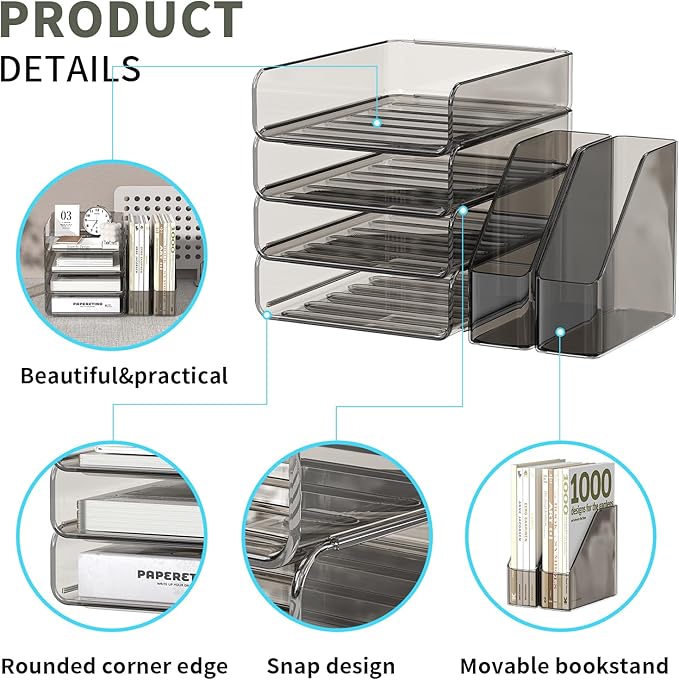 Clear Paper Organizer with Movable Bookends, 4-Tier Letter Tray Organizer - Image 6