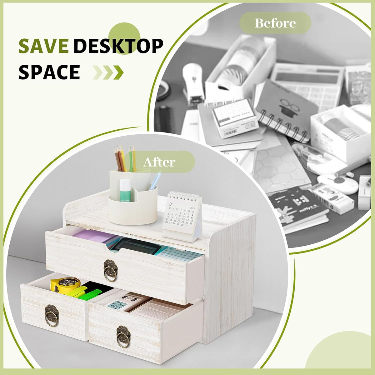 wood desk organizer with drawer, white wooden desktop, package contents