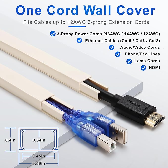 Cord Hider Wall for One Cord, 136in Wire Covers Wall, Easy Install Cable Cover - Image 2