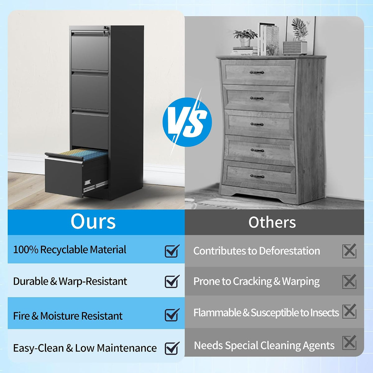 4 drawer file cabinet with lock, metal filing, front angle view