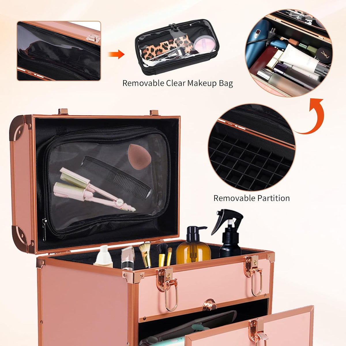 3 in 1 Cosmetic Train Cases Rolling on Wheels Makeup Train Case 𝐰𝐢𝐭𝐡 𝐃𝐫𝐚𝐰𝐞𝐫𝐬 ...