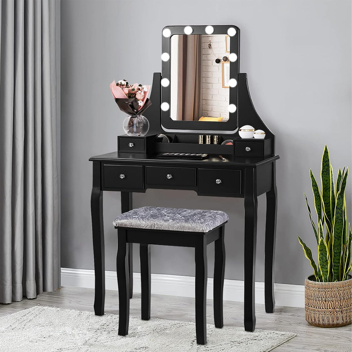 CHARMAID LED Vanity Desk with Lighted Mirror, 10 Dimming Bulbs, 5 Drawers, 3 ...