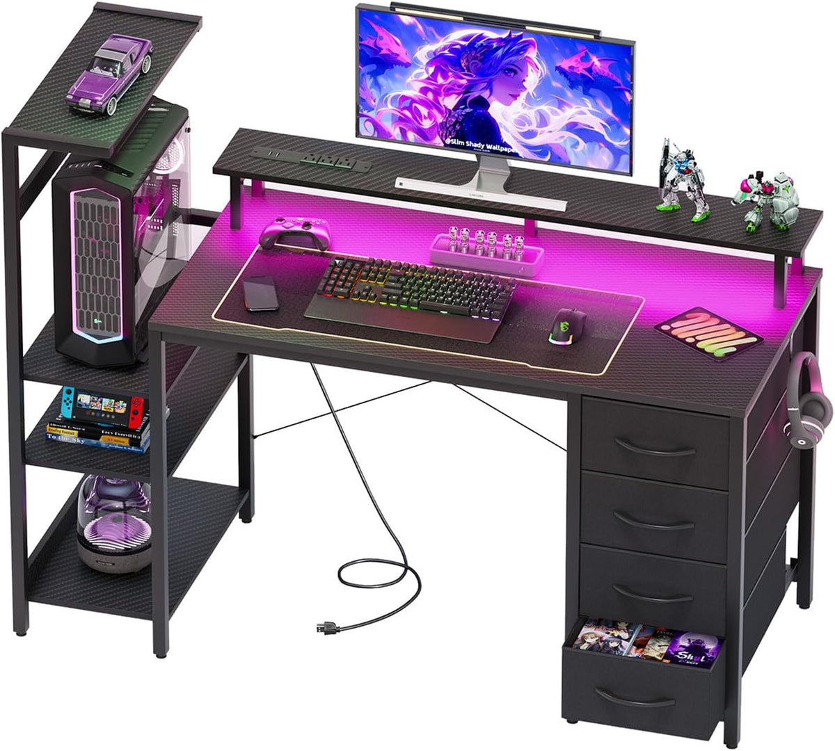51in Gaming Computer Desk with Drawers & Power Outlet & LED Lights, B...