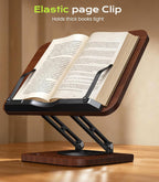 LOXP Book Stand with Storage, 360° Rotating Cookbook Stand, Ergonomic | Adjustable height angle,Hands-free, anti-slip base, Elastic Page Clips for Laptop Tablet, Foldable for Kitchen School