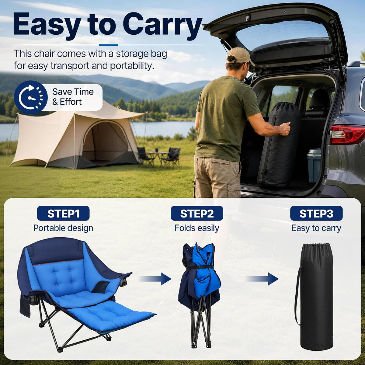 Suteck Camping Chair with Foot Rest, Oversized Padded Folding Chairs, Blue