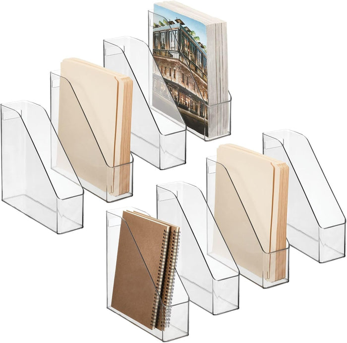 mDesign Plastic Slim Vertical File Folder Storage Organizer Bin with Handle, Hold Notebooks, Binders, Envelopes, Magazines for Home Office, Work Desktops, Ligne Collection, 8 Pack, Clear