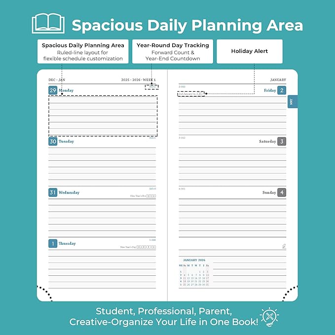 IN-LUXPRO Planner 2026 Daily Weekly and Monthly, 6.5"x3.75", 12 Months Spiral - Image 3