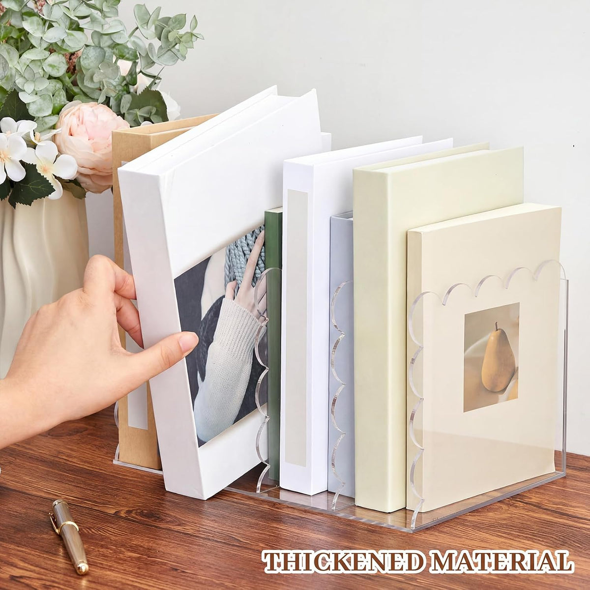 AmazingSpark 1 Pcs Scalloped Acrylic Book Holder for Desk, 4 Compartments