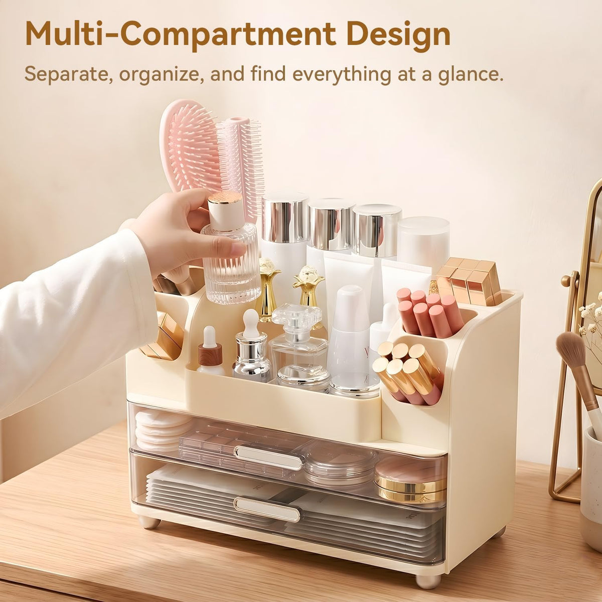 Makeup Organizer for Vanity with 2 Large Drawers and 6 Brush Holders, Cream