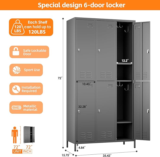 SUPEER 6 Doors Metal Lockers for Employees - Image 3