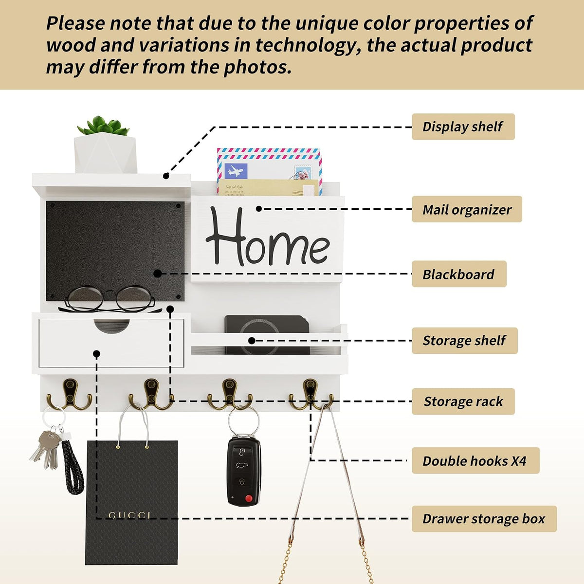 Farmhouse Key Holder for Wall with Mail Organizer - Easy Installation Wall Mo...