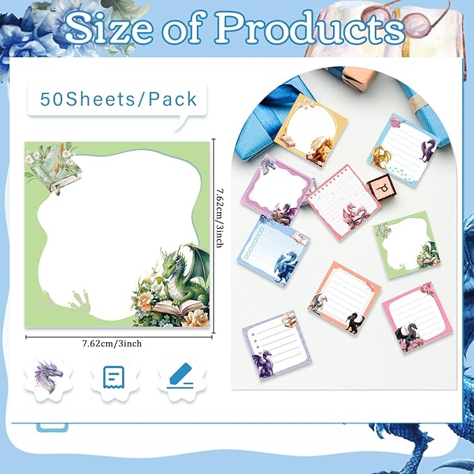 Lovarywow Dragon Sticky Notes Gifts, 9 Pack Cute Dragon Notepads 3x3 Inch Gifts - Image 2