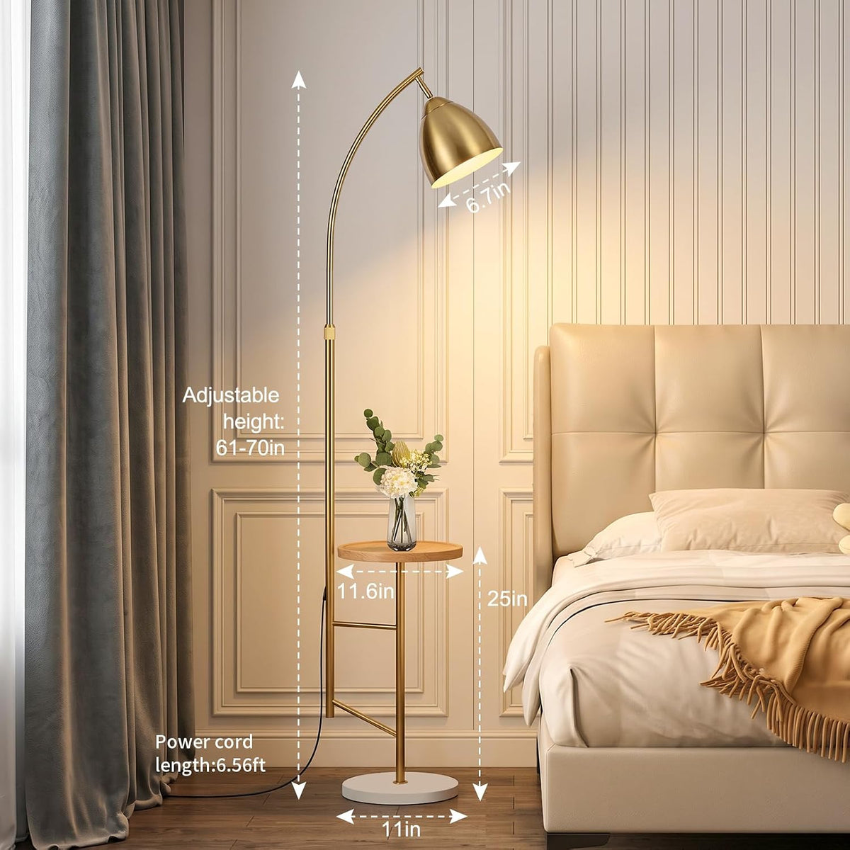 Brushed Gold Standing Lamp with Table, Adjustable Head,Bulb Included
