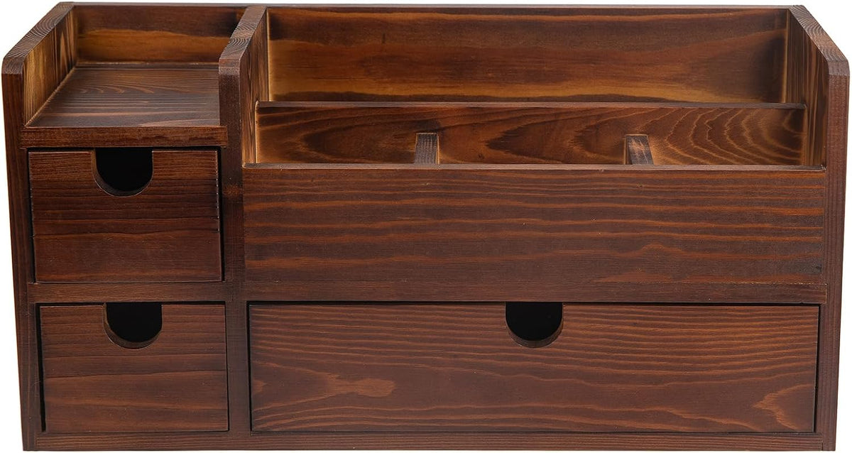 Rustic Brown Wooden Desktop Organizer Drawers Removable Office Supplies Torch...