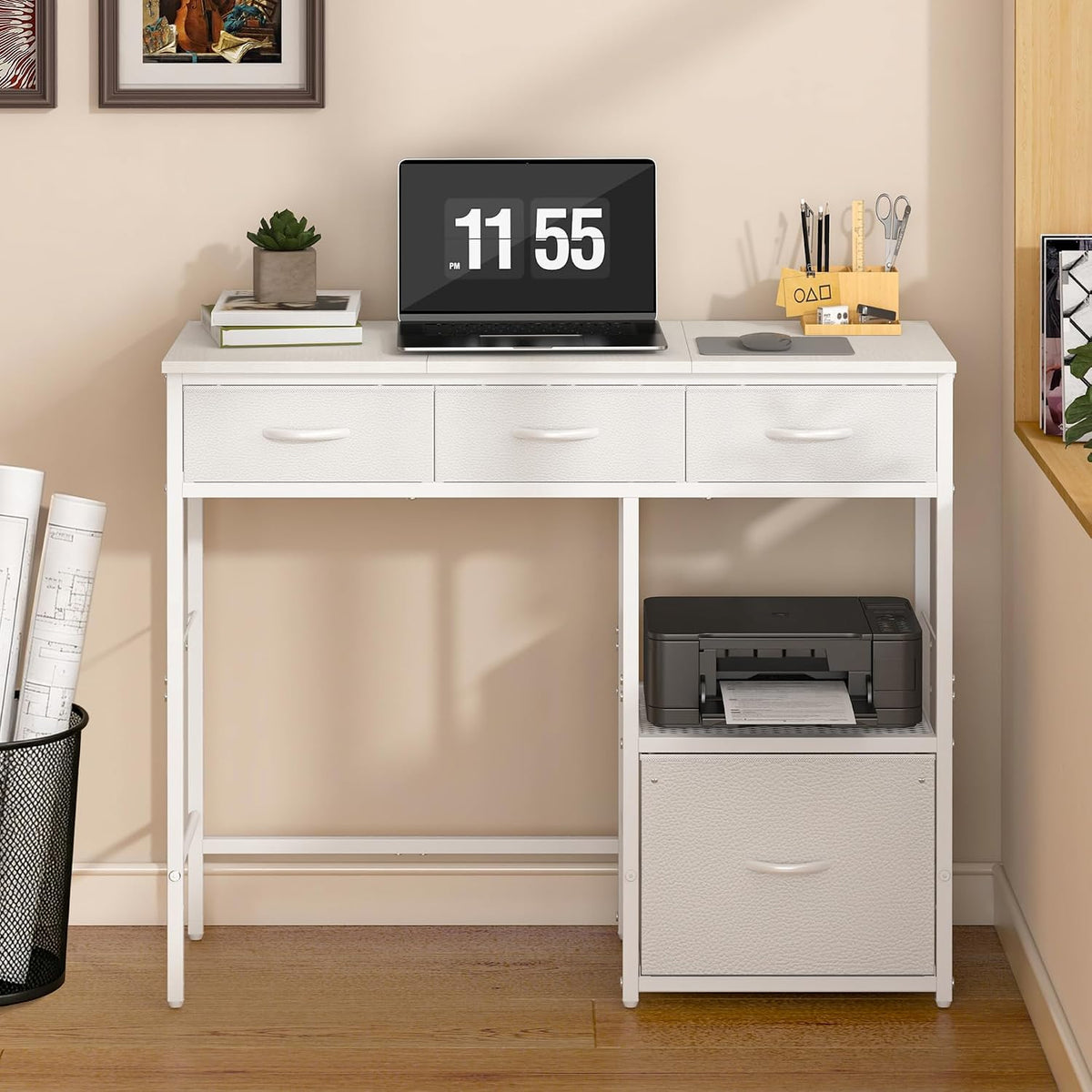 White Desk with File Drawers Cabinet, Small Writing Desk with Storage Shelf