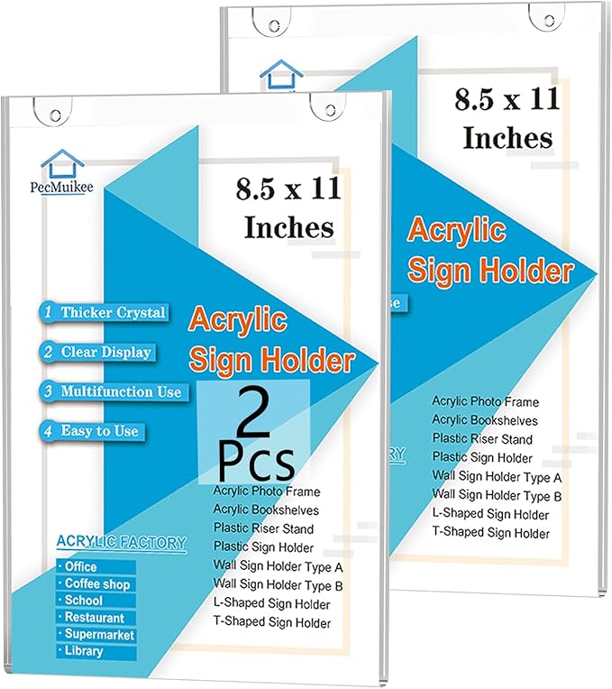 PecMuikee Acrylic Sign Holder 8.5x11, Wall Mount Acrylic Sign Holder and by PecMuikee
