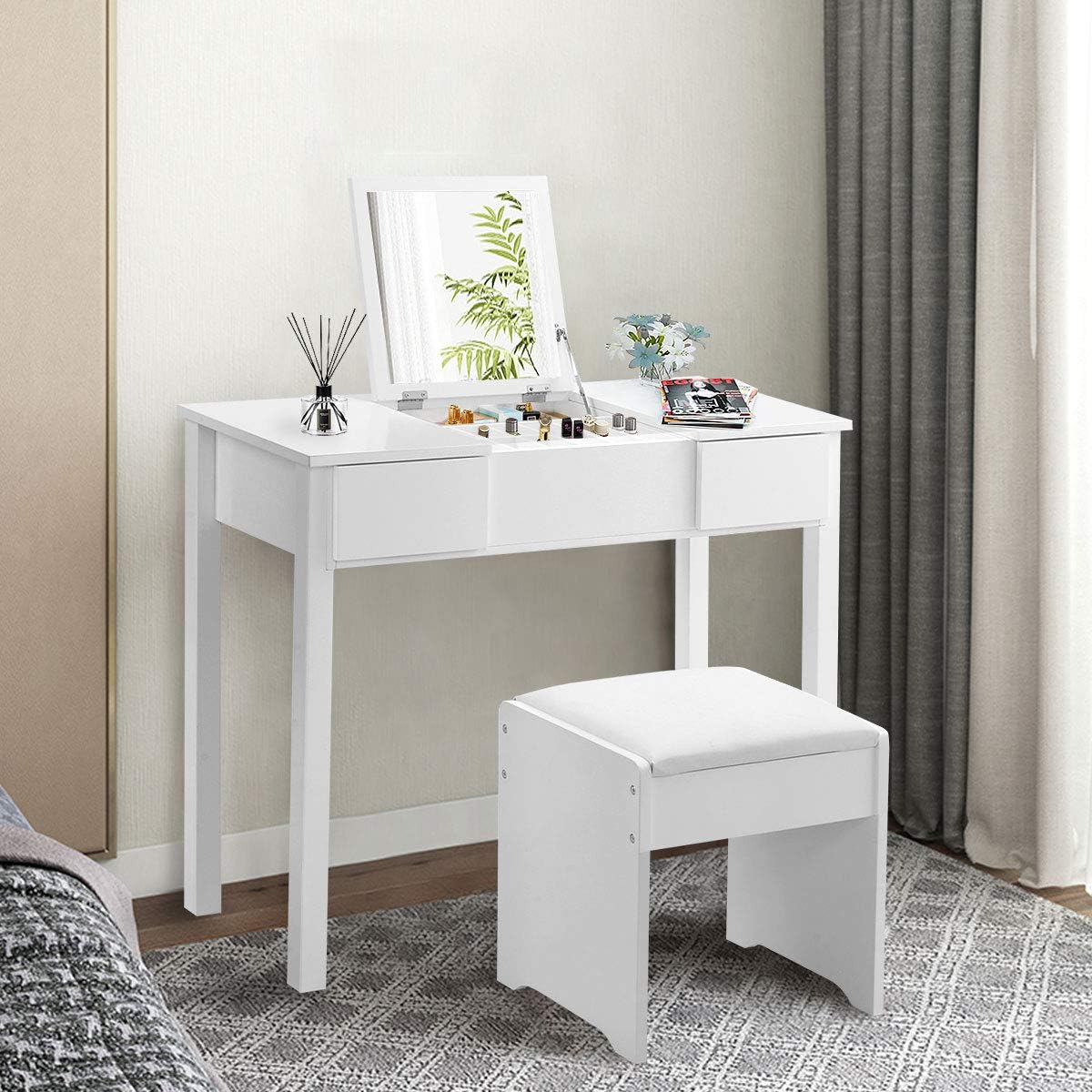 GIANTEX Vanity Set with Flip Top Mirror and Cushioned Stool, Makeup Dressing ...