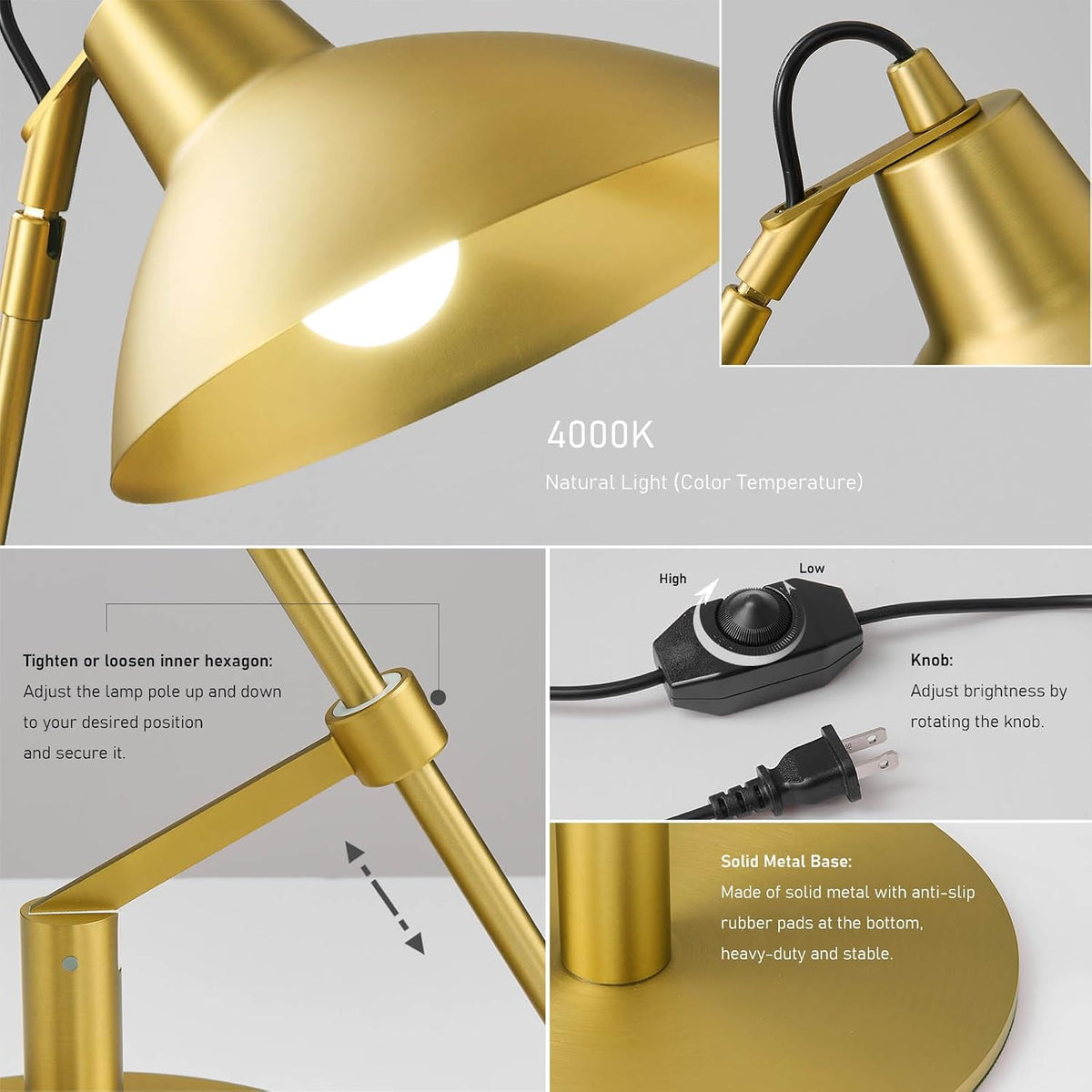 Desk Lamp Modern Industrial 100% Metal Adjustable Table Lamp 24", Natura...
