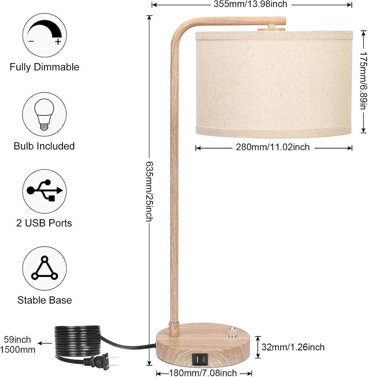 Farmhouse Table Lamp, Fully Dimmable Tall Bedisde Lamp with USB C+A Ports