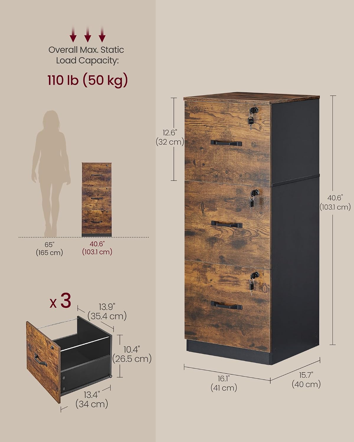 vasagle 3 drawer file cabinet with locks, for, close-up detail