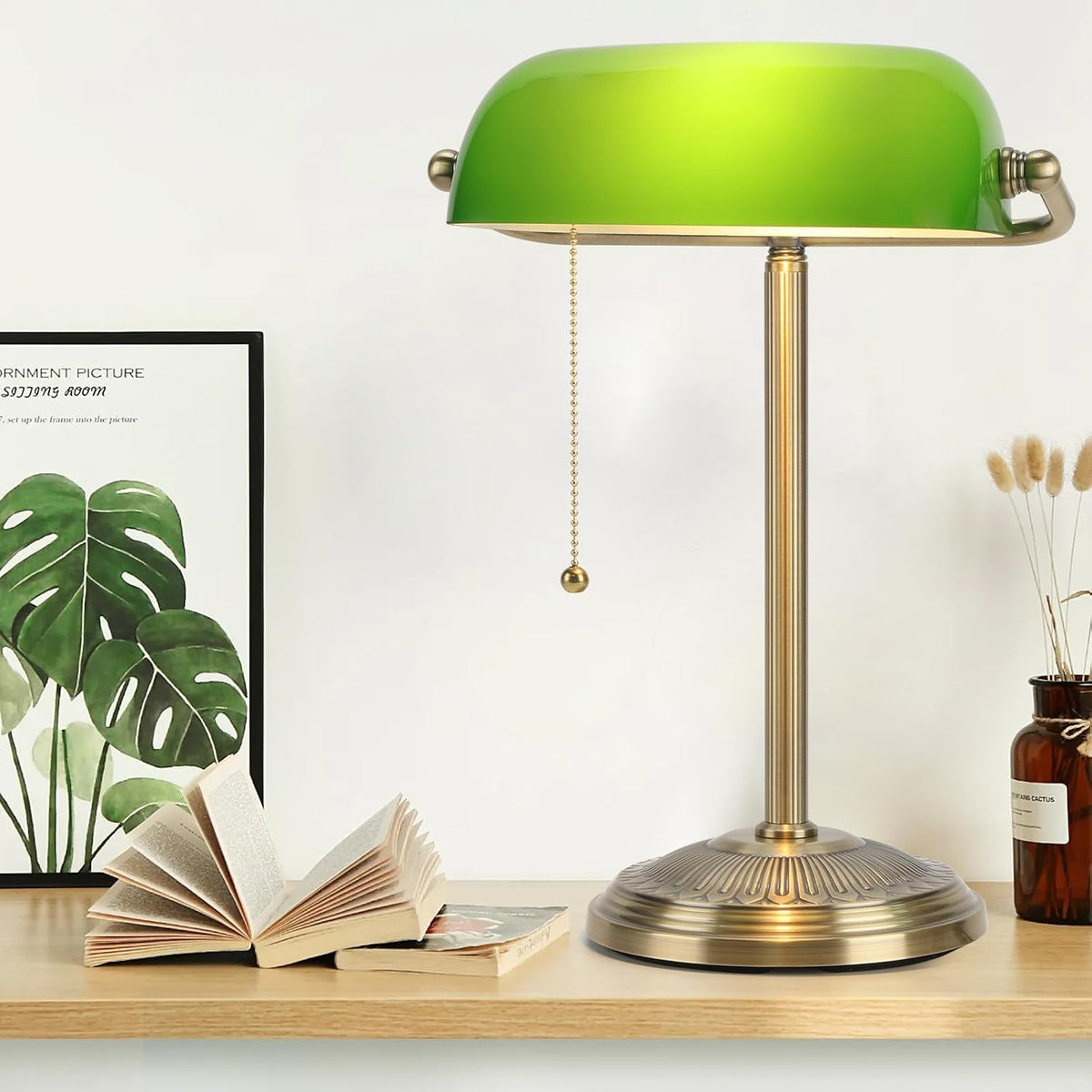 Bankers Lamp, Brass Finish with Pull Switch, Green Glass Shade