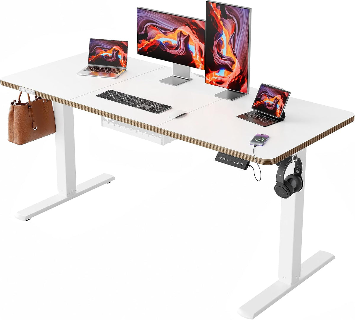 55 Inch Standing Desk with USB-C Port, Cable Management, White