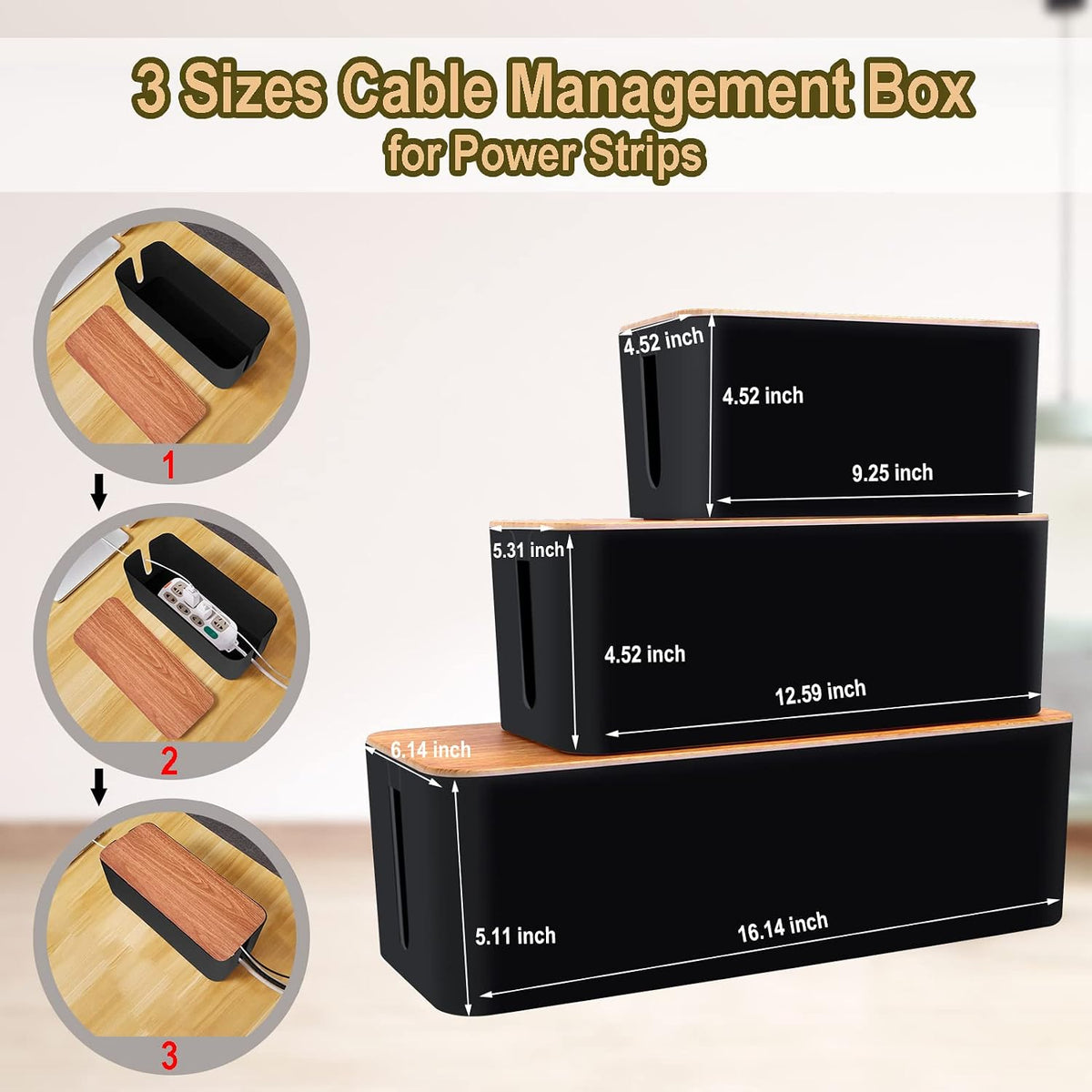 128PCS Cable Management Box 3Pack Cable Management Kit for Power Strip to Hid...