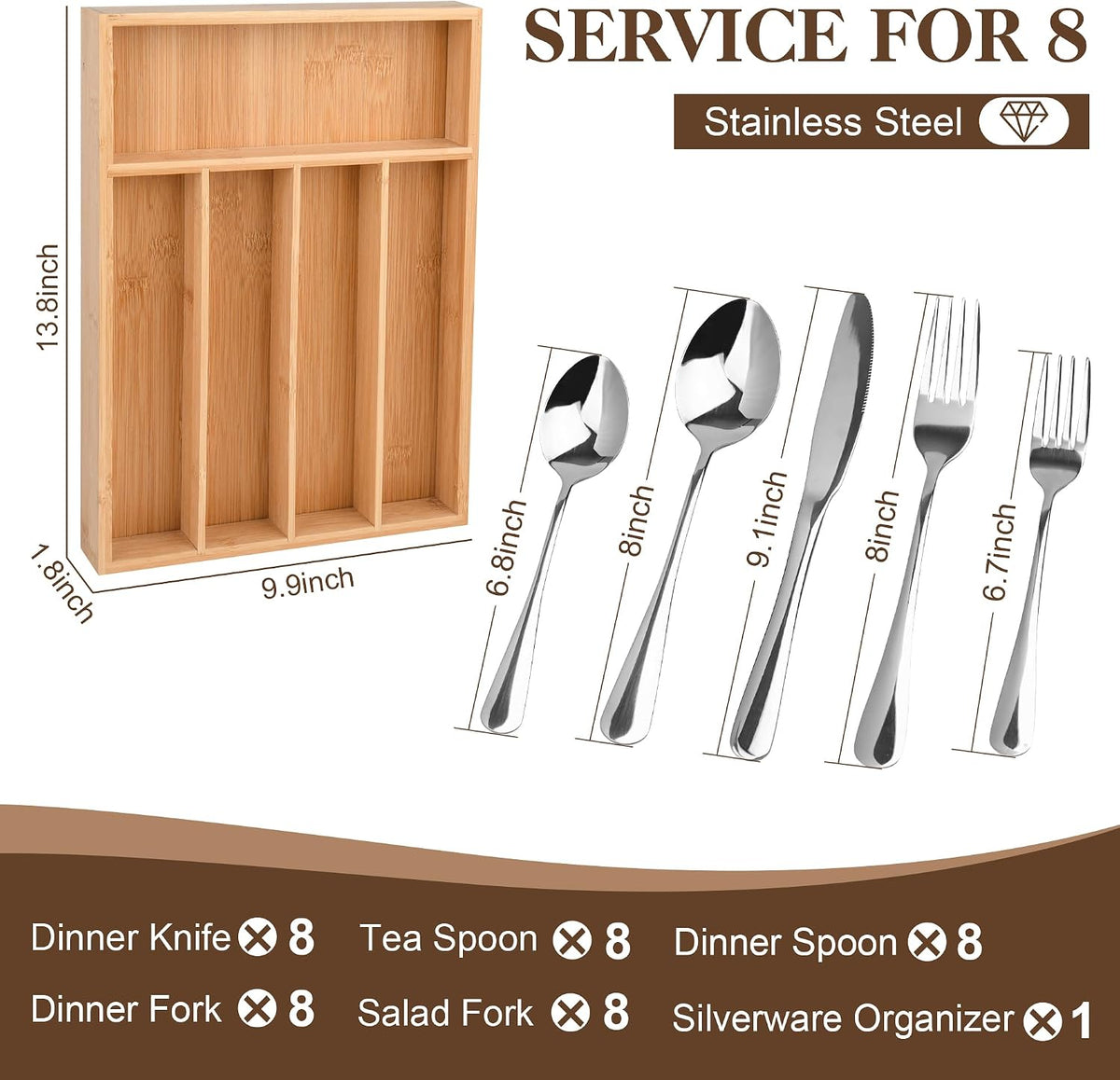 40 Piece Silverware Set with Drawer Organizer for 8, Heavy Duty Stainless Ste...