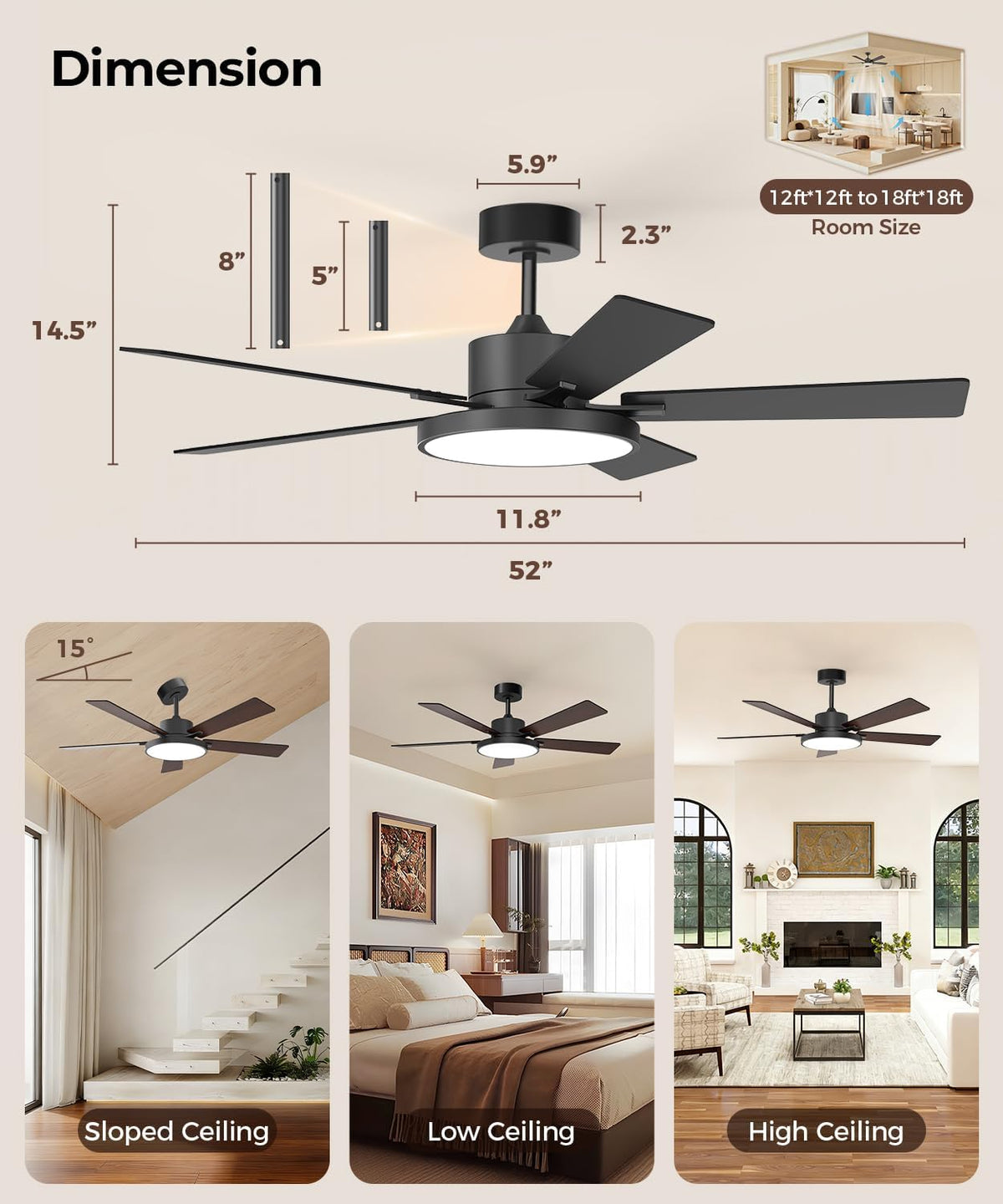 rgbcw smart 52" 2600lm led ceiling fan light, view 9