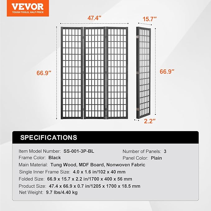 VEVOR Room Divider, 3 Panel Japanese Room Divider, Wood Folding Privacy Screen - Image 7