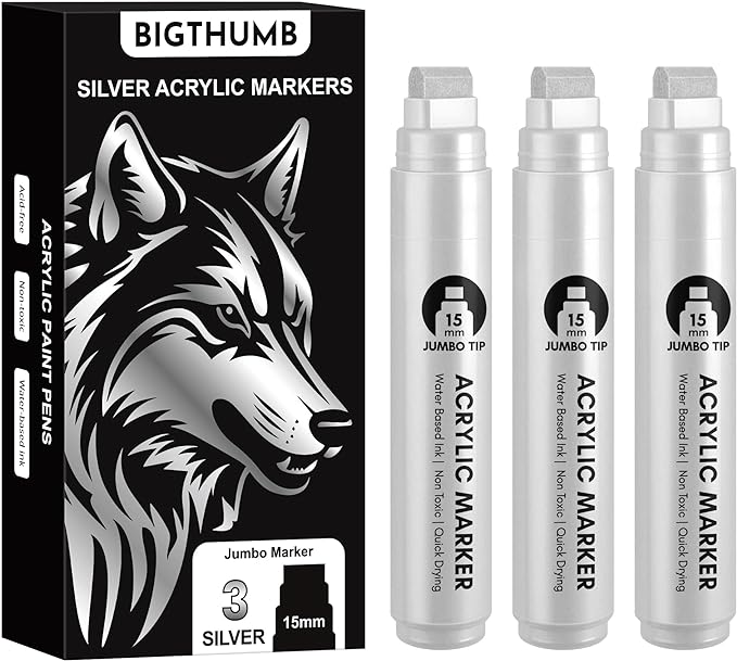 BIGTHUMB 3 Pcs Silver Jumbo Permanent Markers: 15mm Wide Tip Thick Acrylic by BIGTHUMB