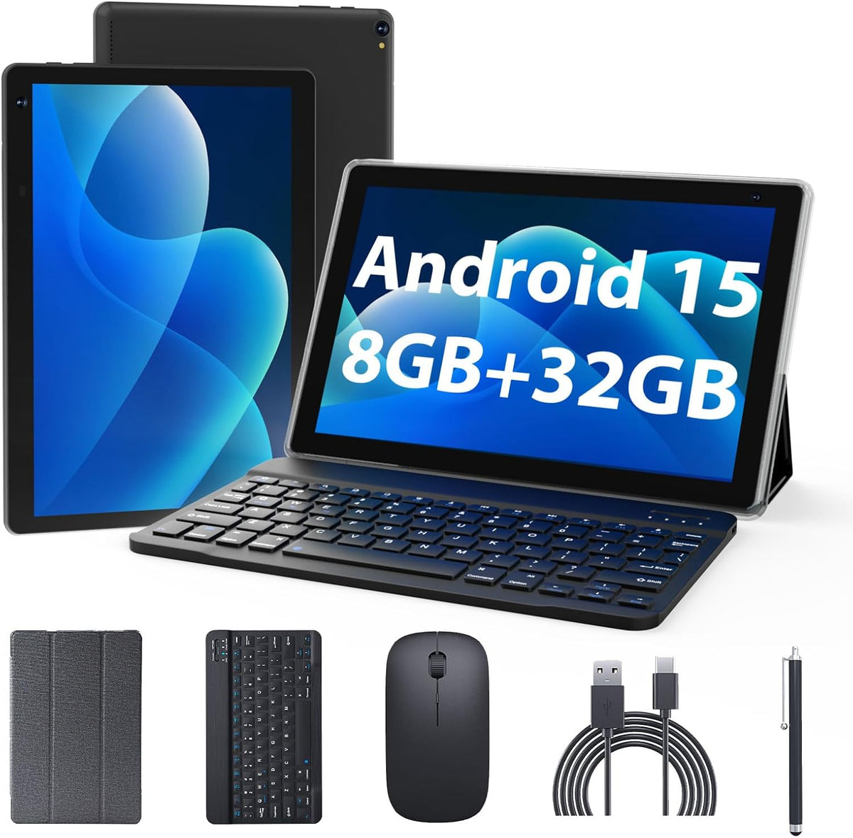 Android 15 Tablet 10 inch, 2 in 1 Tablets with Keyboard Case Mouse Stylus, 8G...
