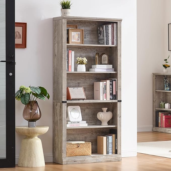 RWYHG 70" Grey Tall Bookshelf Set of 2, 5-Tier Thick Wooden Book Shelf - Image 8