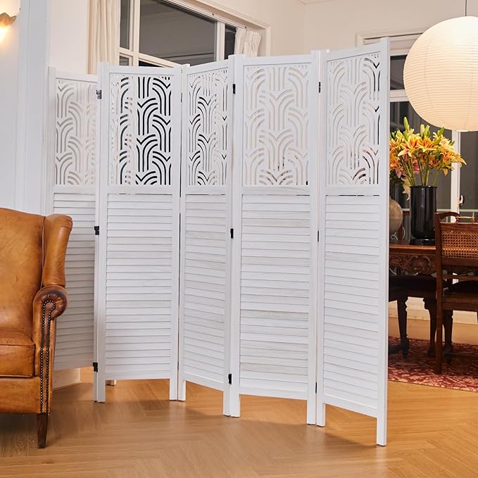 Svimi Folding Room Divider, 66.9 Inch 6 Panels Wood Carved Privacy Screens - Image 2