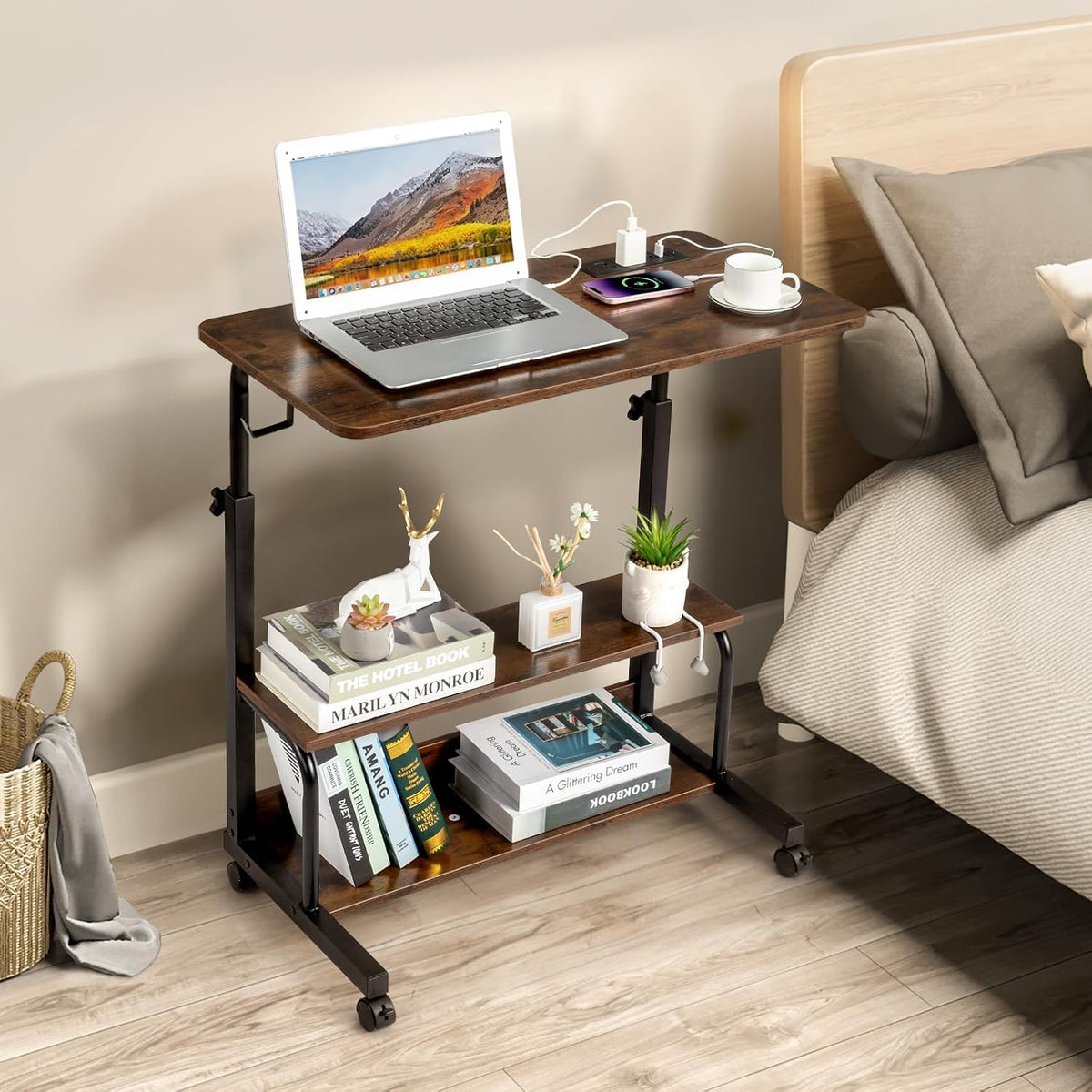 Karl home 31.5" Portable Rolling Computer Desk on Wheels, Rustic Brown