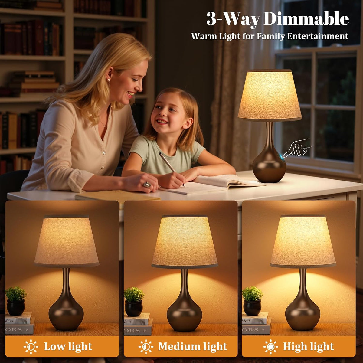 16.1" Touch Table Lamp for Nightstand, 3 Way Dimmable Small Bedroom Lamp