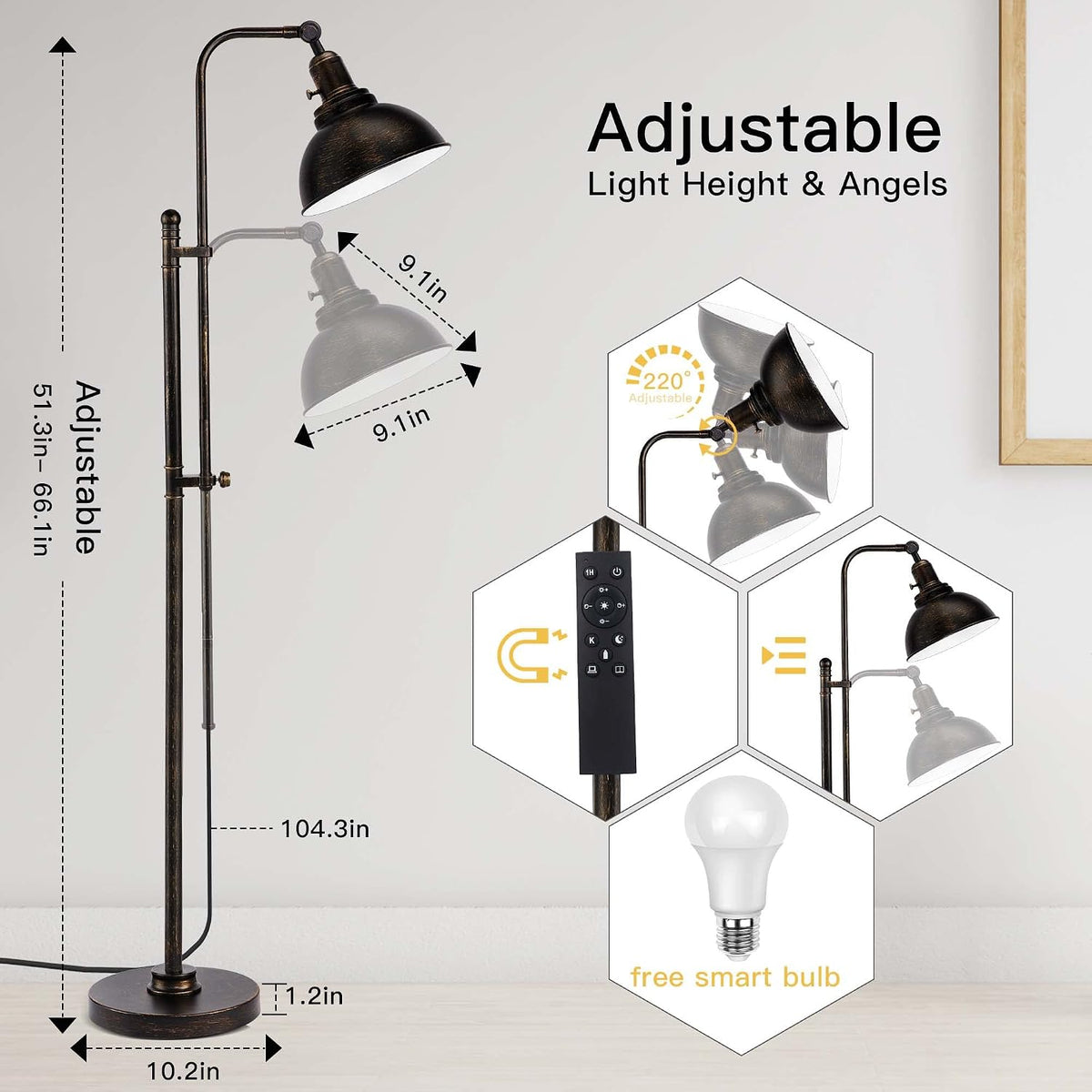 PARTPHONER Industrial Floor Lamp Adjustable, Rustic Farmhouse Reading Lamp in...