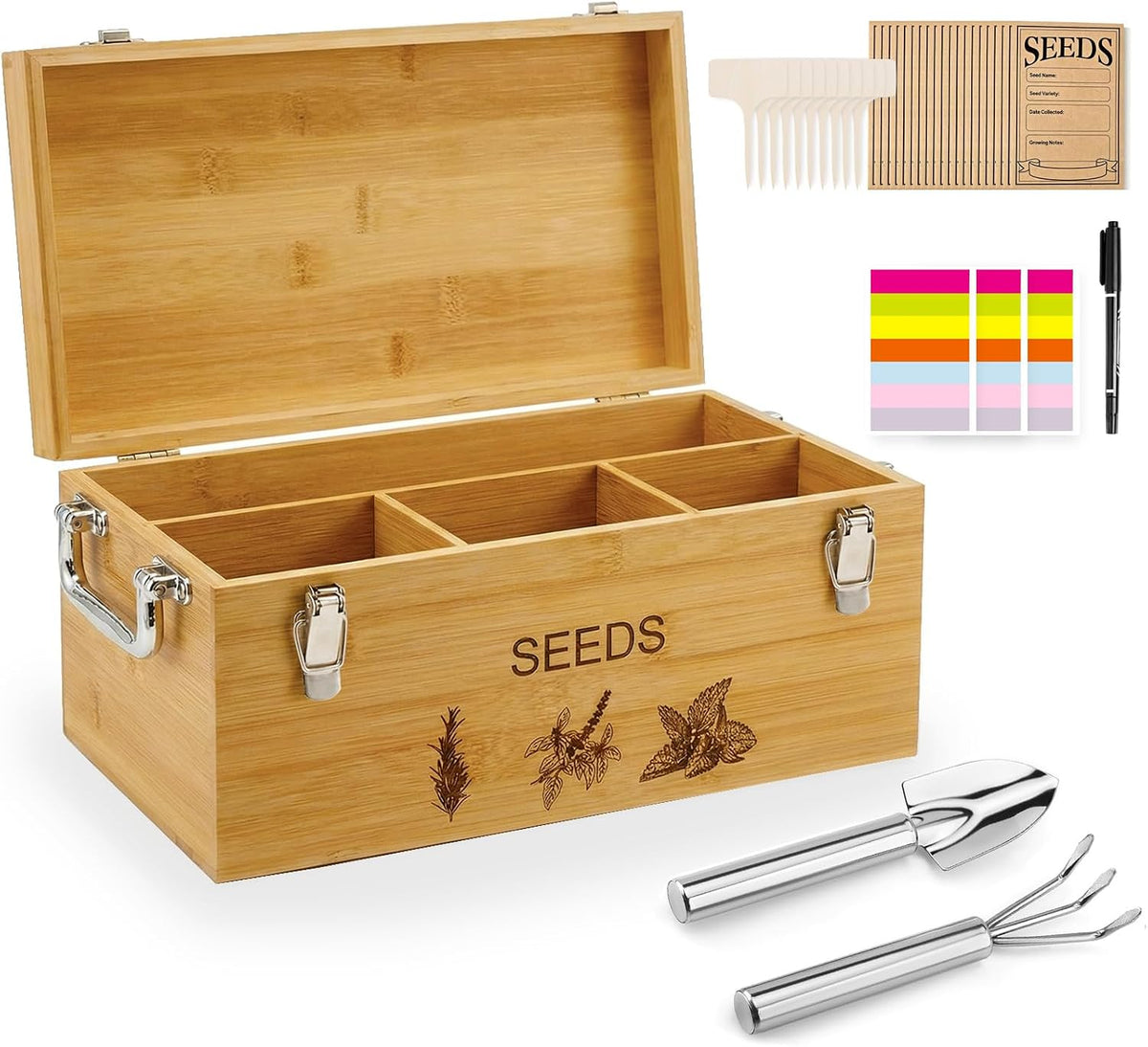 Natural Bamboo Seed Storage Organizer Box, Garden Tools Saving Kit