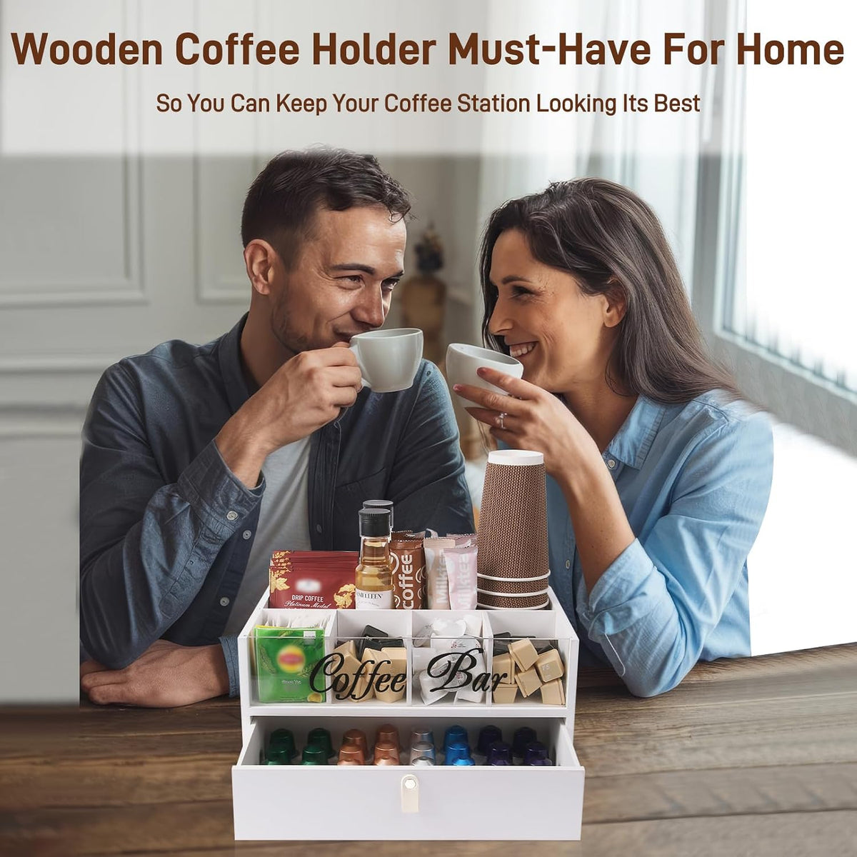 2-Tier Coffee Bar Organizer with Clear Acrylic Top, Built-in Drawer and Leath...