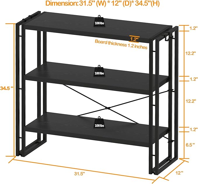 HCHQHS Bookshelf, 3-Tier Industrial Bookcase, Freestanding Horizontal - Image 3