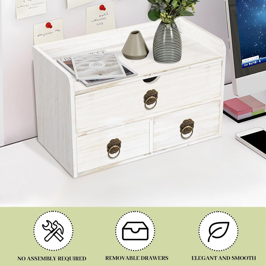 wood desk organizer with drawer, white wooden desktop on a desk or shelf