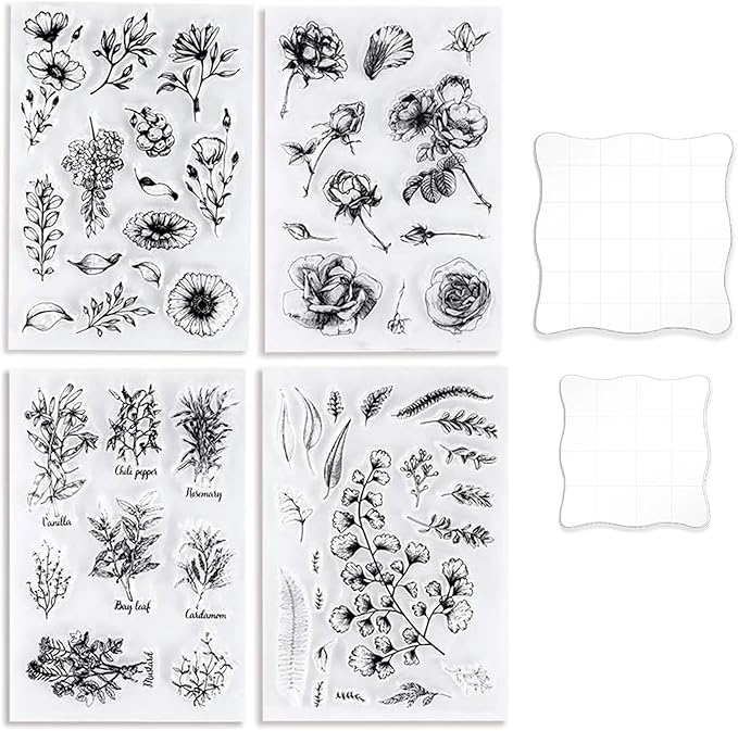 UCEC 4 Sheets Clear Stamps Set for Card Making, Vintage Plants Flowers Rubber by UCEC
