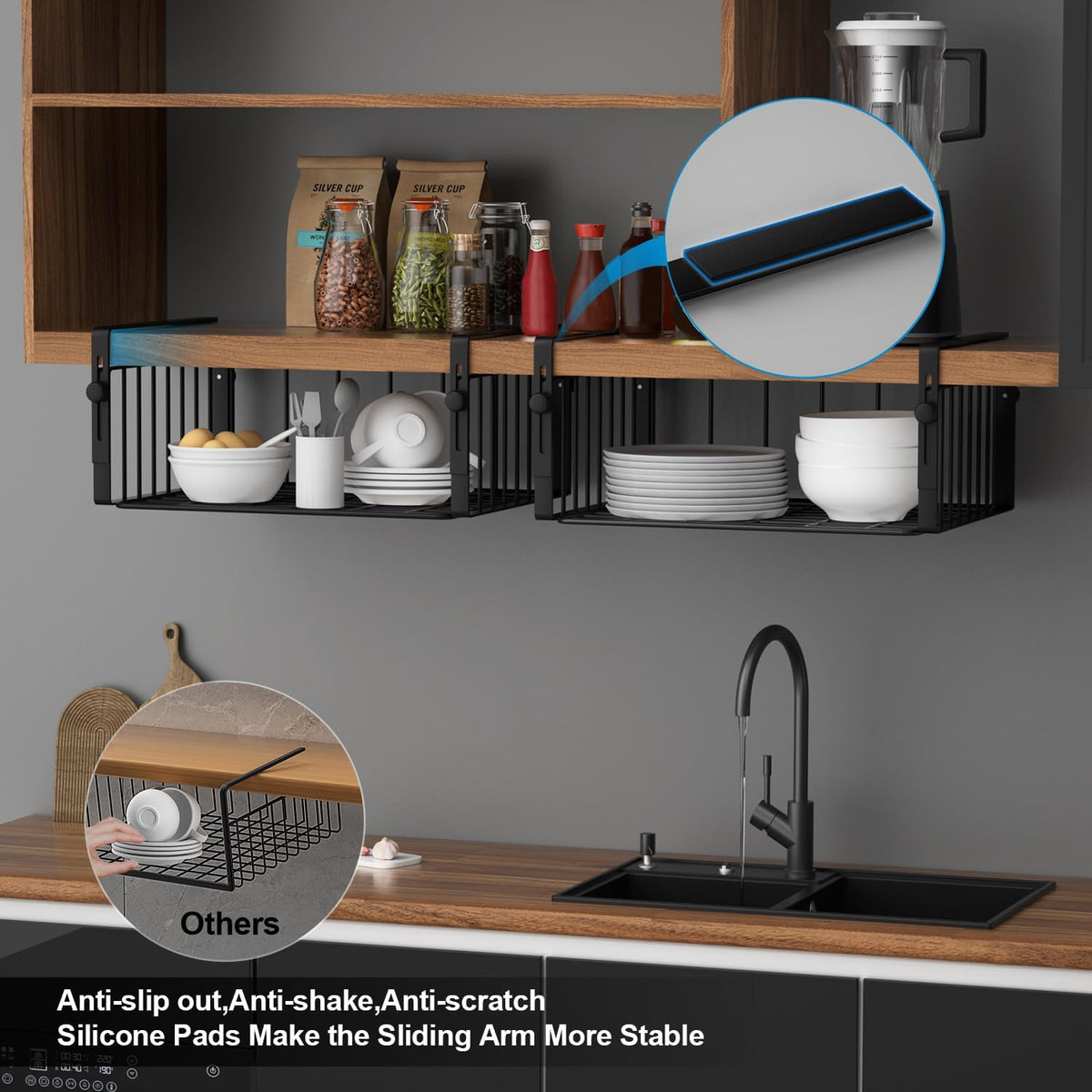 AmonHouseware 2Pack Under Shelf Storage Basket Organizer, Black